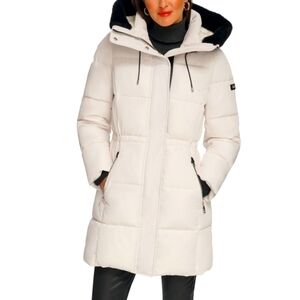 DKNY Women's Faux-Fur-Trim Hooded Anorak Puffer Coat. Water-resistant. Size L.